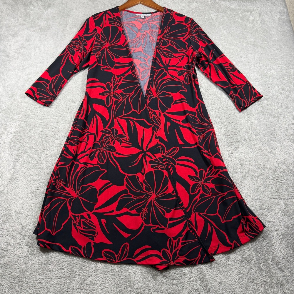 Ari South Kimono Duster Women Small Red Floral Hibiscus Open Front‎ 3/4 Sleeve